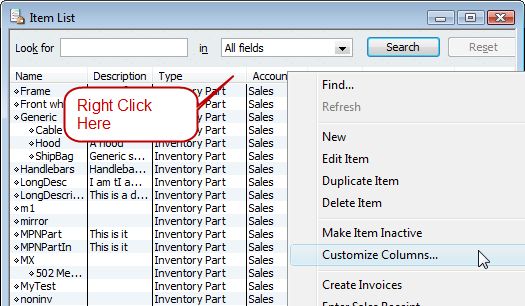 QuickBooks Item List - Columns - Practical QuickBooks 