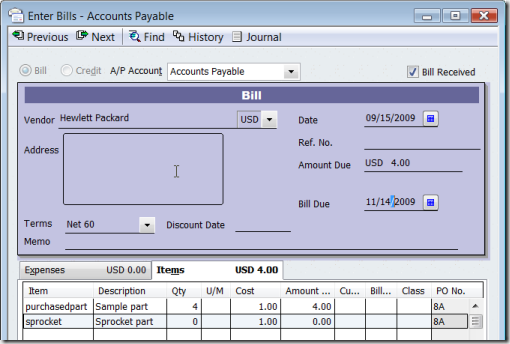 intuit pos enter po in workorder