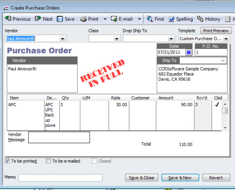 intuit pos enter po in workorder