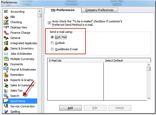 how to change default outlook email address in quickbooks