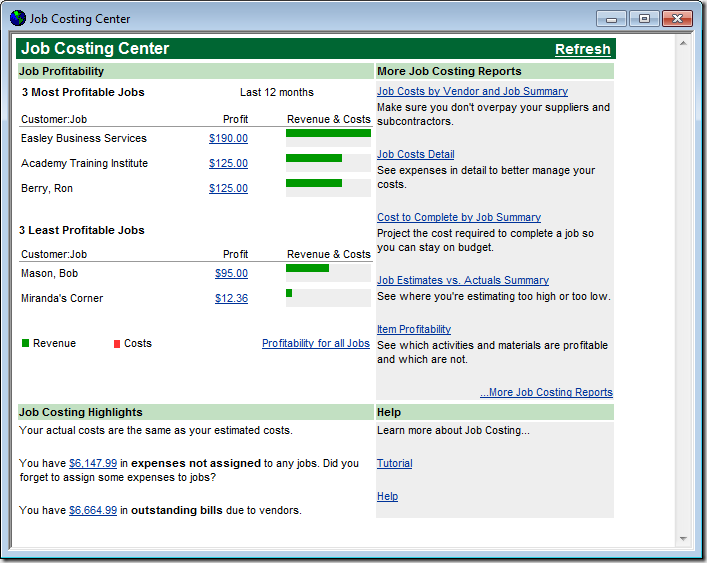 QuickBooks Job Costing Center