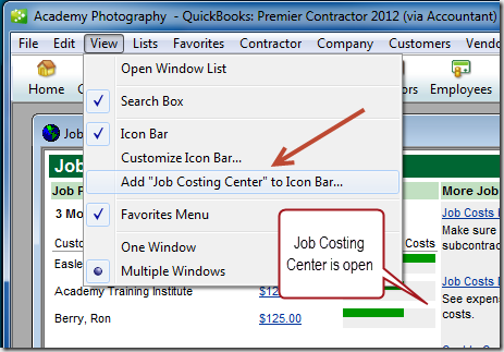 Add the Job Costing Center icon