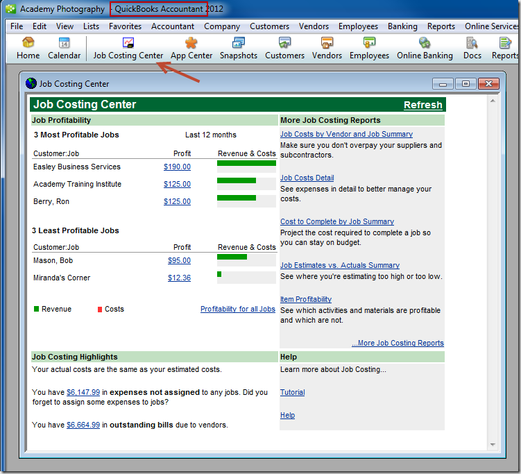 Job Costing Center in the Accountant icon bar