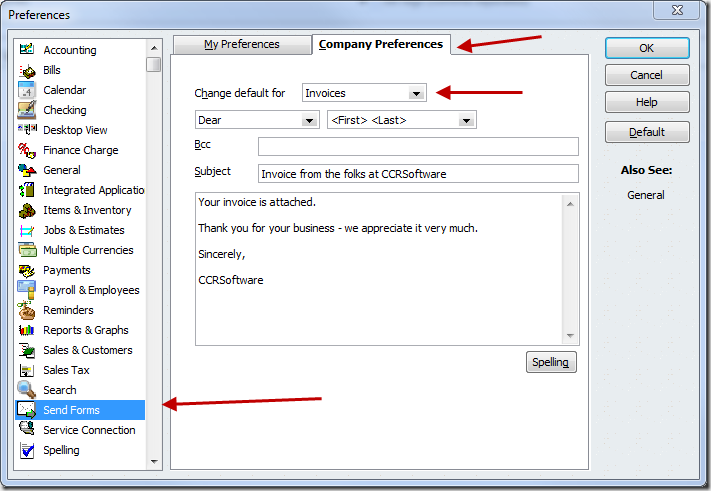 QuickBooks Send Forms preference